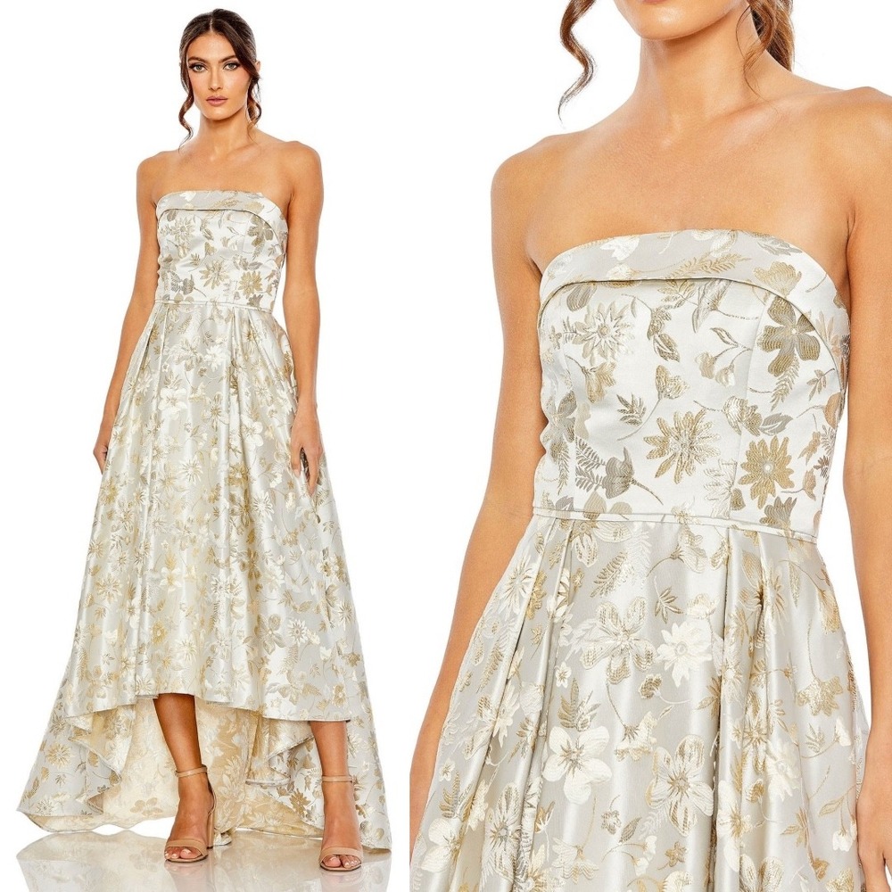 NWT Mac Duggal White Gold Brocade Strapless Golden Floral High Low Gown - Size 4